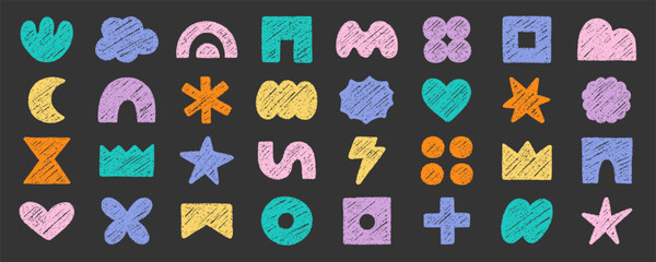 Abstract geometric shapes and forms, chalk pencil doodle set. Crayon modern figures, brush crown, star, heart in sketch style. Hand drawn vector illustration isolated on black background