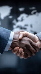 International business negotiation scene with digital contract floating in focus, blurred background