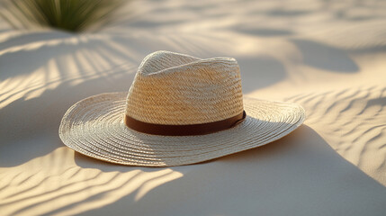 Straw hat resting on soft sandy surface under warm sunlight in a desert setting