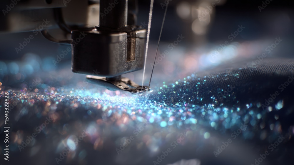 Poster industrial sewing machine creating intricate embroidery pattern on shimmering fabric, metallic threa