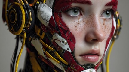 Hyper-realistic futuristic humanoid character with detailed cybernetic features, space for text