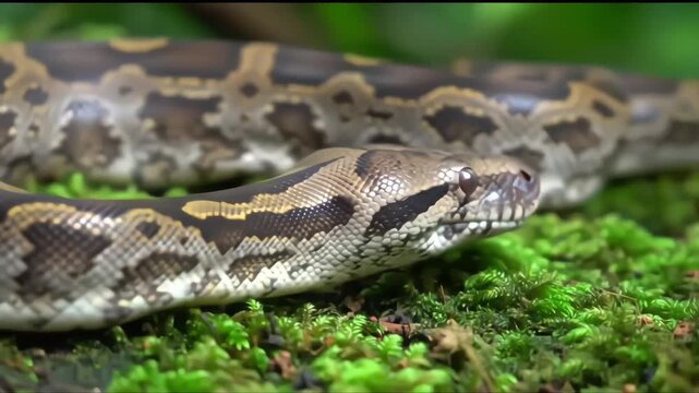 Majestic Python: Close-Up of a Burmese Python in Lush Green Moss.