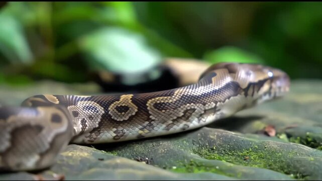Regal Python Slithering on Mossy Rock: A Close-Up Look at Natures Beauty.