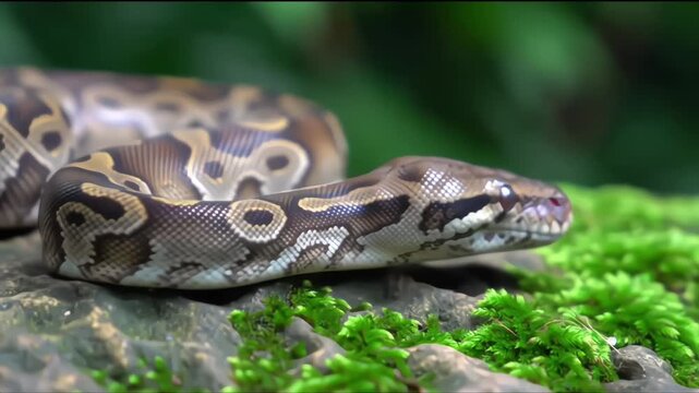 Ball Python Close-Up: Serpentine Beauty in Lush Green Habitat Reptile Portrait.