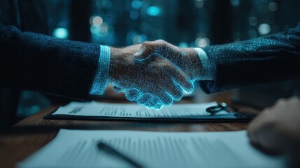 International business negotiation scene with digital contract floating in focus, blurred background