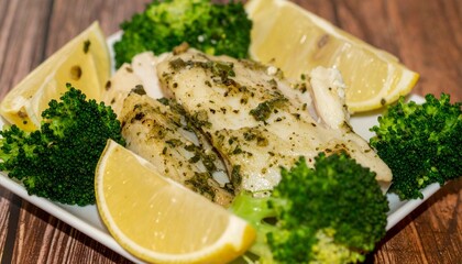 ハーブクラストをまとった鱈のフィレと蒸しブロッコリー、レモンくし切りを温かみのある木製テーブルに美しく並べたヘルシーな一皿

