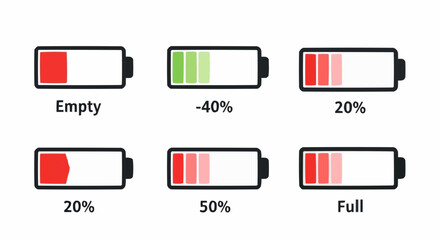 Battery Charge Icons – Full, Low, Empty, Charging Status Indicators Vector