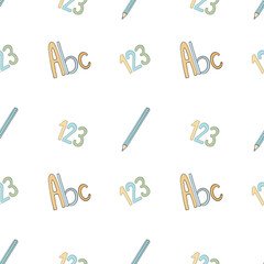 Seamless pattern with a pencil, abc and 1,2,3