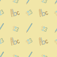 Seamless pattern with a pencil, abc and 1,2,3