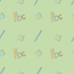 Seamless pattern with a pencil, abc and 1,2,3