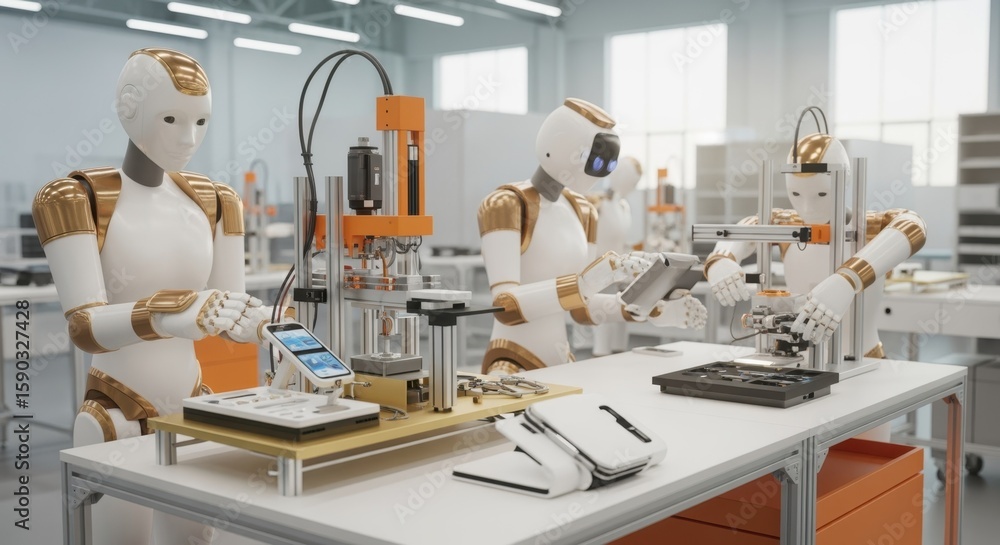 Poster humanoid robots working diligently on an assembly line in a cutting edge laboratory, producing smart