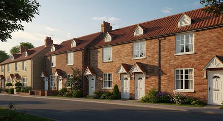 Port Sunlight terraced houses with red tiled roofs and cream doors, blending British heritage and architectural beauty.