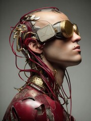 Hyper-realistic futuristic humanoid character with detailed cybernetic features, space for text