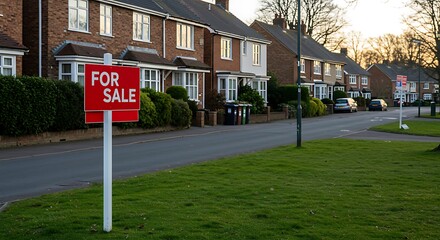 Classic estate agent sign outside a property for sale in a typical English neighborhood.