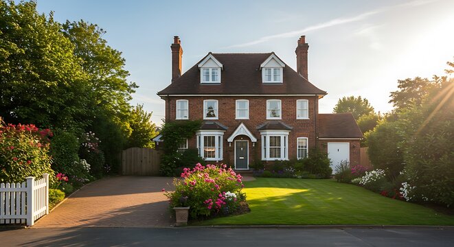 Charming detached property in England with modern-traditional design and manicured front garden.