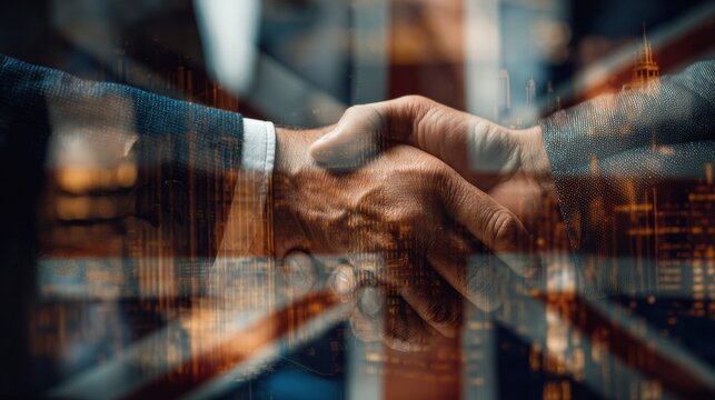 International business negotiation scene with digital contract floating in focus, blurred background