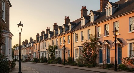 Modern English housing estate featuring new build homes with traditional charm and gardens.