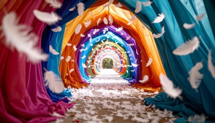 Obraz premium Colorful fabric tunnel with falling feathers