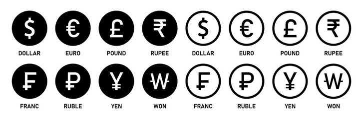 Currency symbols icons set with label. Dollar, Euro, Pound, Rupee, Franc, Ruble, Yen, Won black and white color vector illustration.