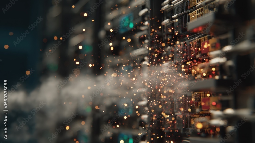 Poster quantum computing firewall unit emitting smoke and sparks, indicating a critical system failure and 