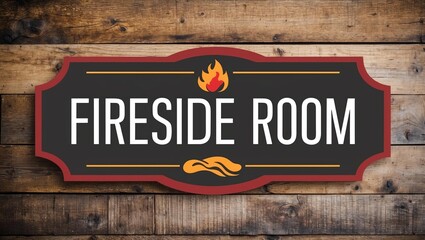 Obraz premium Phrase Fireside Room is displayed on an attractive signage board with on a beautiful rustic wooden background