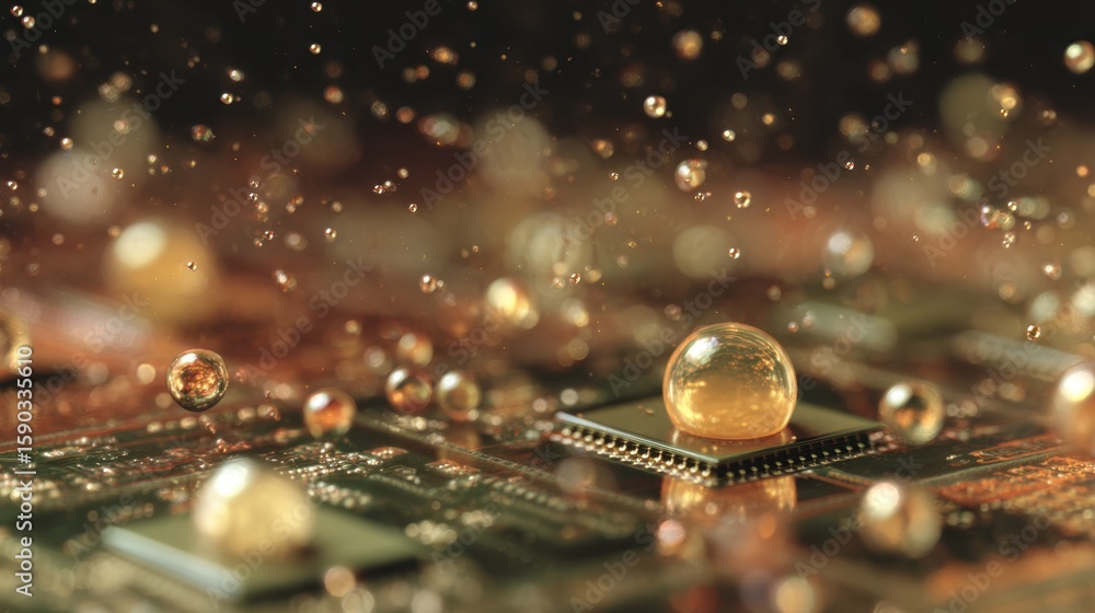 Poster microscopic golden ink droplets pulsing and merging on microchip surface, revealing intricate self a