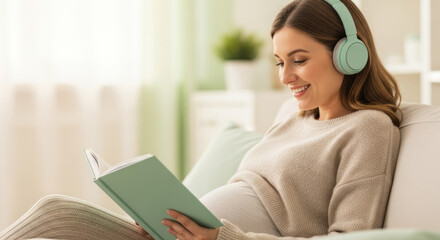 Pregnant woman relaxing on a couch with headphones and a book in a bright and cozy living room scene