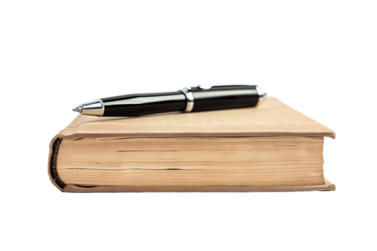 Pen resting on book isolated with transparent background ideal for school supplies promotions and study guides