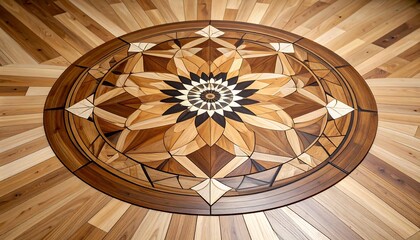 Intricate wood inlay design on a hardwood floor