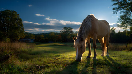 Palomino horses grazing in a vast green field under a blue sky