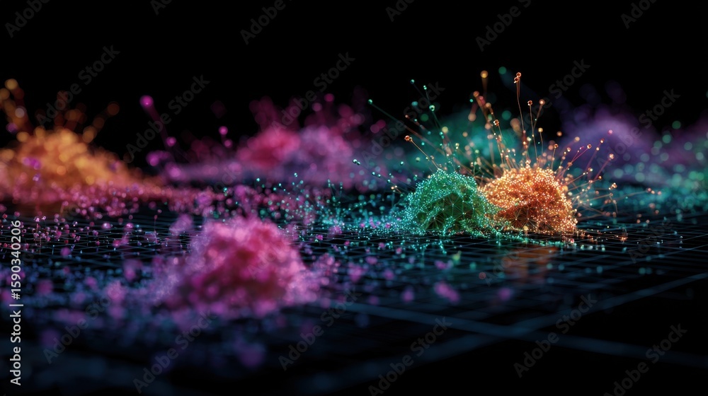Poster colorful nanoparticles spreading dynamically across scientific grid, representing intricate flow cyt
