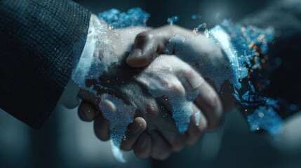 International business negotiation scene with digital contract floating in focus, blurred background