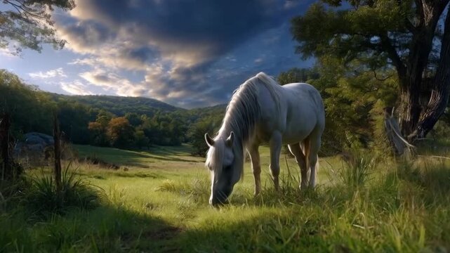 Palomino horses grazing peacefully in a field at dawn with misty light