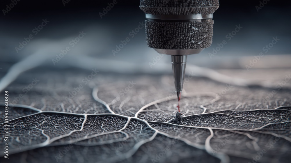 Aufkleber precision instrument embroiders a delicate leaf, creating a striking juxtaposition of technology and