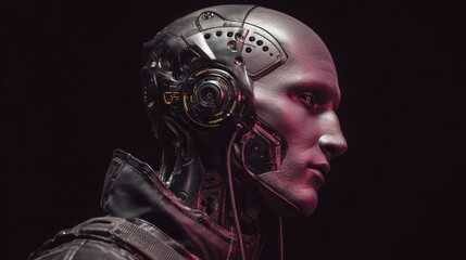 Hyper-realistic futuristic humanoid character with detailed cybernetic features, space for text
