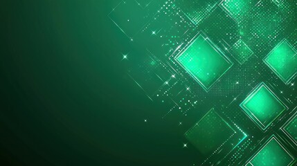 Abstract green background with glowing squares and digital particles, creating a dynamic and technological feel