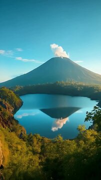 Volcano Reflected in Calm Crater Lake at Sunrise
