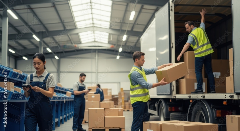 Aufkleber warehouse workers loading packages into a truck while another scans inventory with a handheld device