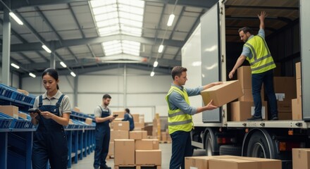 Warehouse workers loading packages into a truck while another scans inventory with a handheld device, highlighting efficient logistics in a busy industrial environment