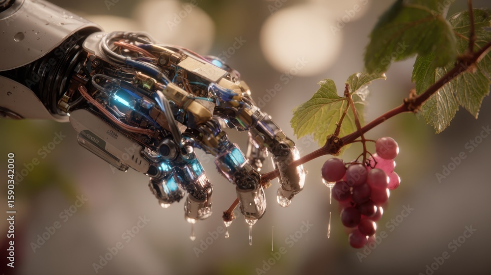 Poster advanced robotic arm delicately interacting with a grapevine, showcasing the potential of automation