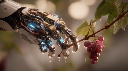 Advanced robotic arm delicately interacting with a grapevine, showcasing the potential of automation in viticulture and precision agriculture
