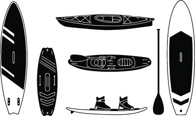 Kayak, Surfboard, and Paddleboard Designs  A Collection of Water Sports Illustrations