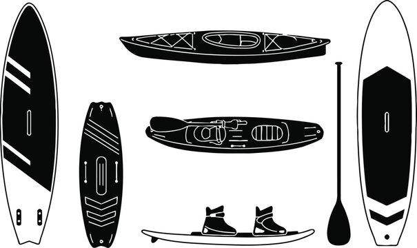 Kayak, Surfboard, and Paddleboard Designs  A Collection of Water Sports Illustrations