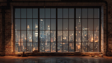 Expansive nighttime city skyline through industrial loft windows with exposed brick and books