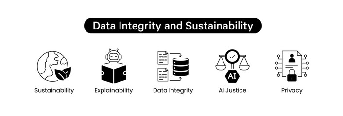 Data Integrity and Sustainability Vector Icon Set – Data Integrity, Sustainability, AI Justice