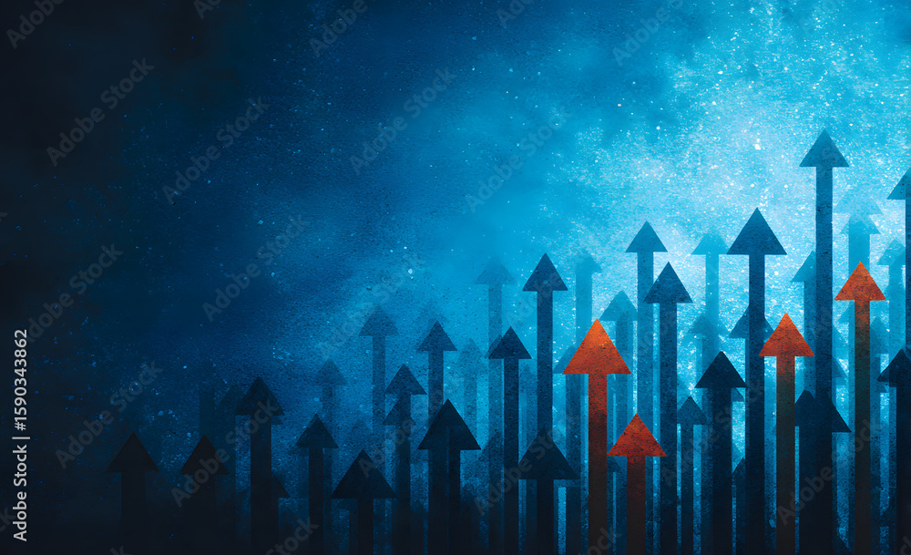 Poster blue background with many arrows pointing upwards. the arrows are in different sizes and are scatter