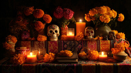Traditional Día de los Muertos ofrenda altar with glowing candles and marigold flowers