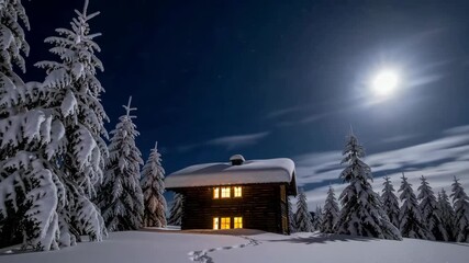 Peaceful winter night: snowy cabin under moonlit sky with glowing windows - Powered by Adobe