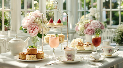 Elegant afternoon tea in sunlit conservatory with pastries, scones, and floral porcelain