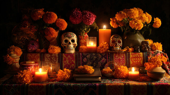 Traditional D&iacute;a de los Muertos ofrenda altar with glowing candles and marigold flowers